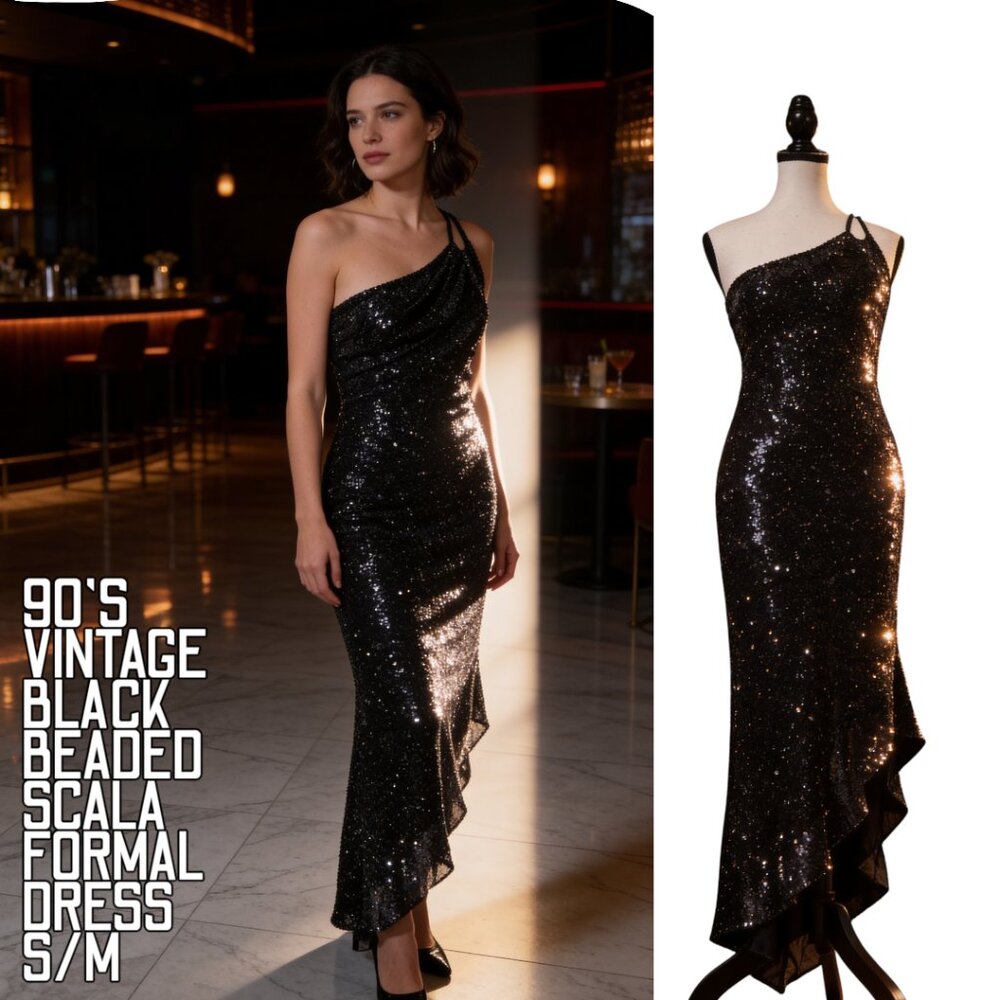 90'S VTG. FULLY BEADED BLACK SCALA ONE SHOULDER FORMAL COCKTAIL DRESS MEDIUM‎